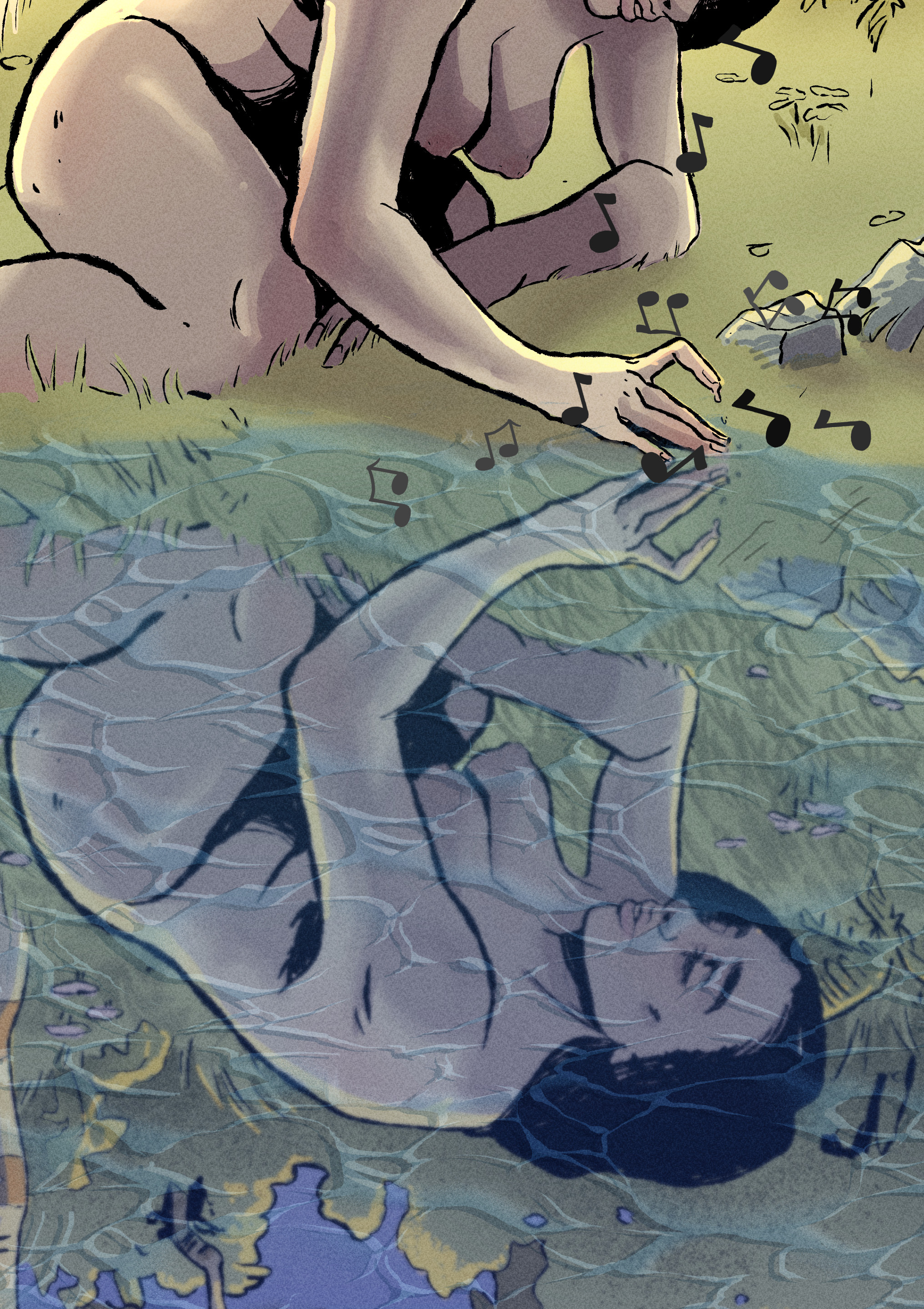 A blond woman leaning back on the grass floor of a forest stares up at a tangle of bodies in a tree.