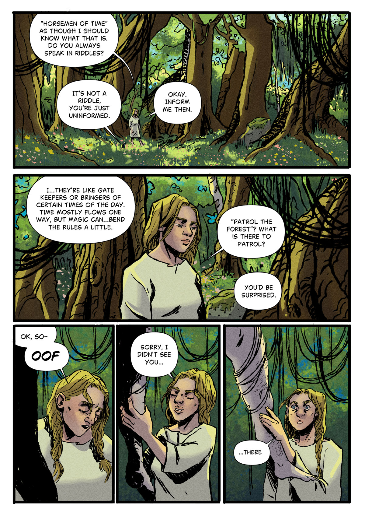 Vasilisa and Motanka continue through the woods, where Vasilisa bumps into a stray limb.