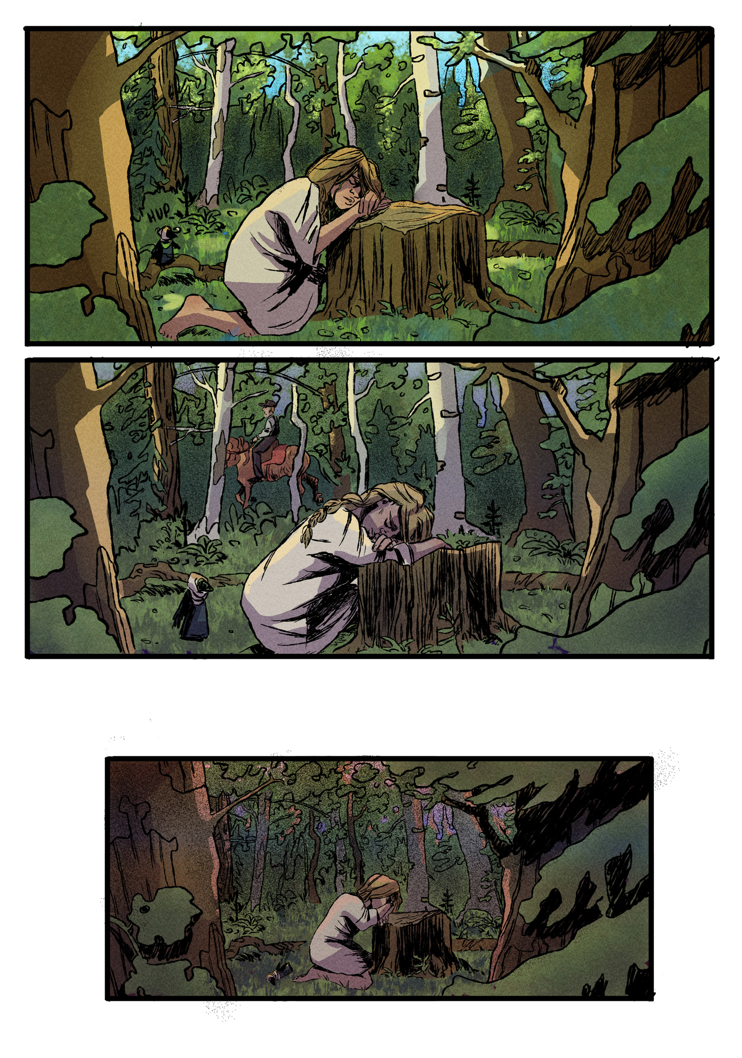 Vasilisa sits in a forest, upset, as day fades into evening.