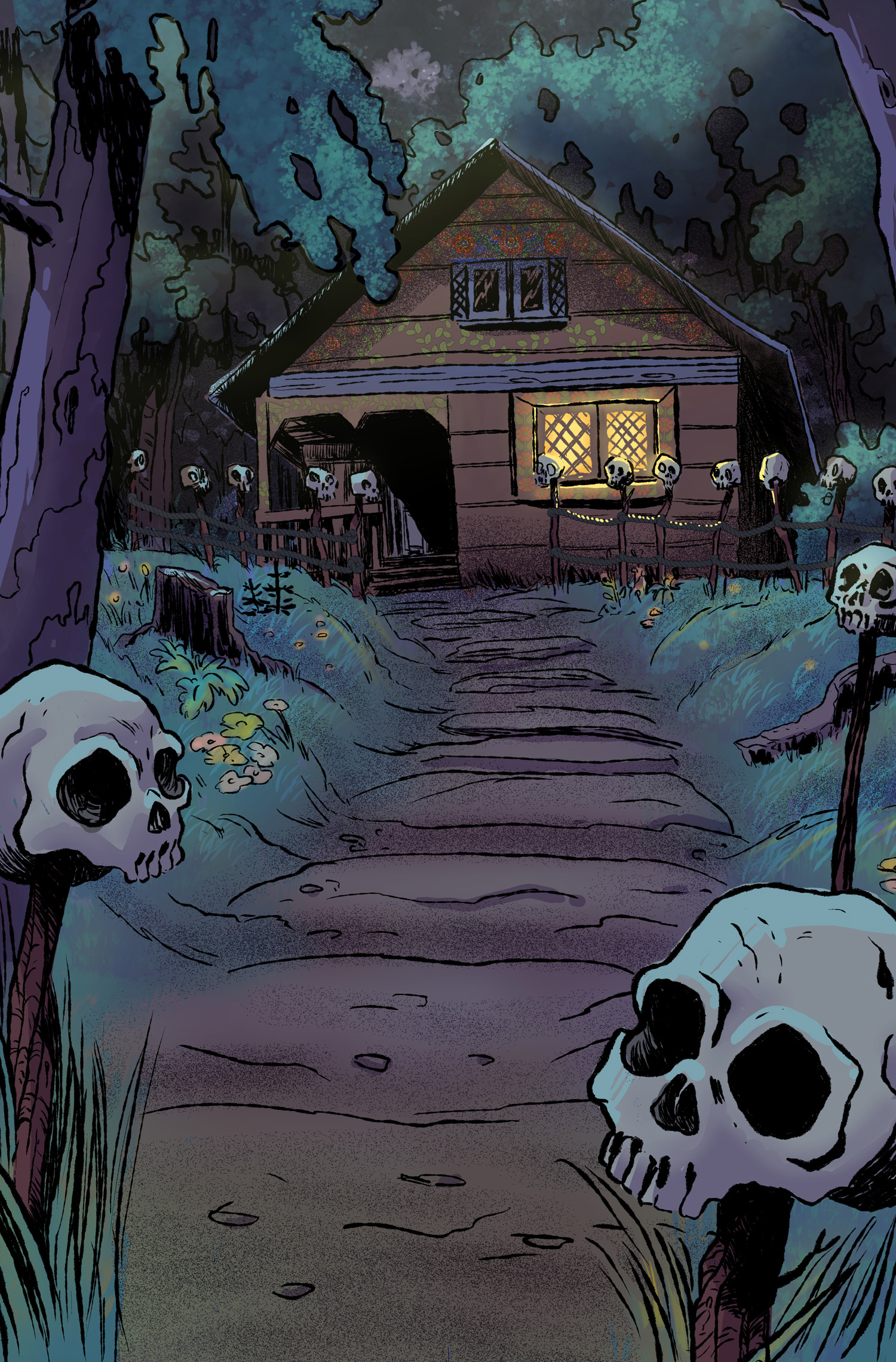 An eerie hut in the woods, emitting light through the window, surrounded by a fence made of sticks with skulls on top.