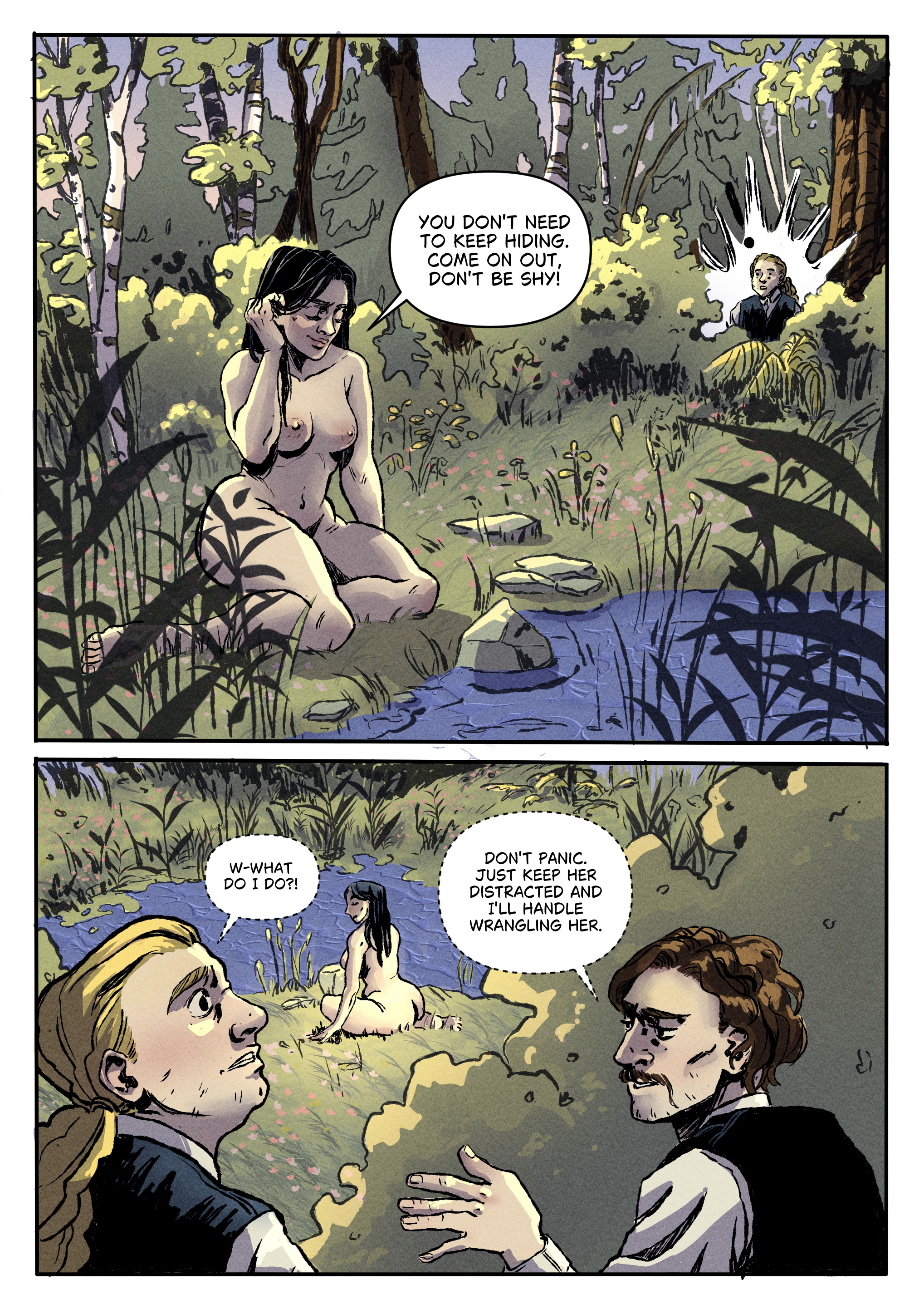 A young beautiful woman sits by a lake, inviting to men over.