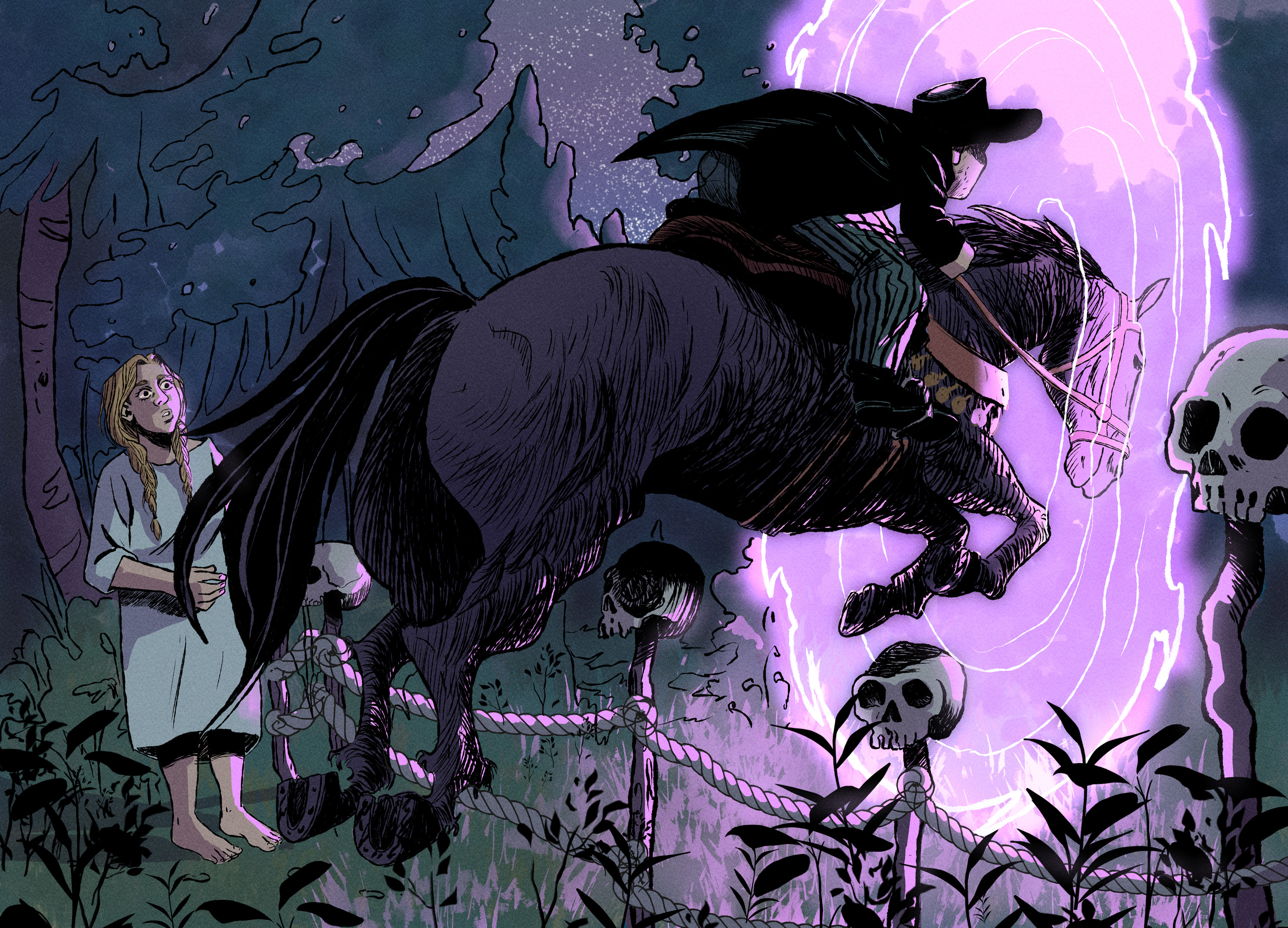 Mateusz and his horse leap into a glowing portal while Vasilisa stares in shock..