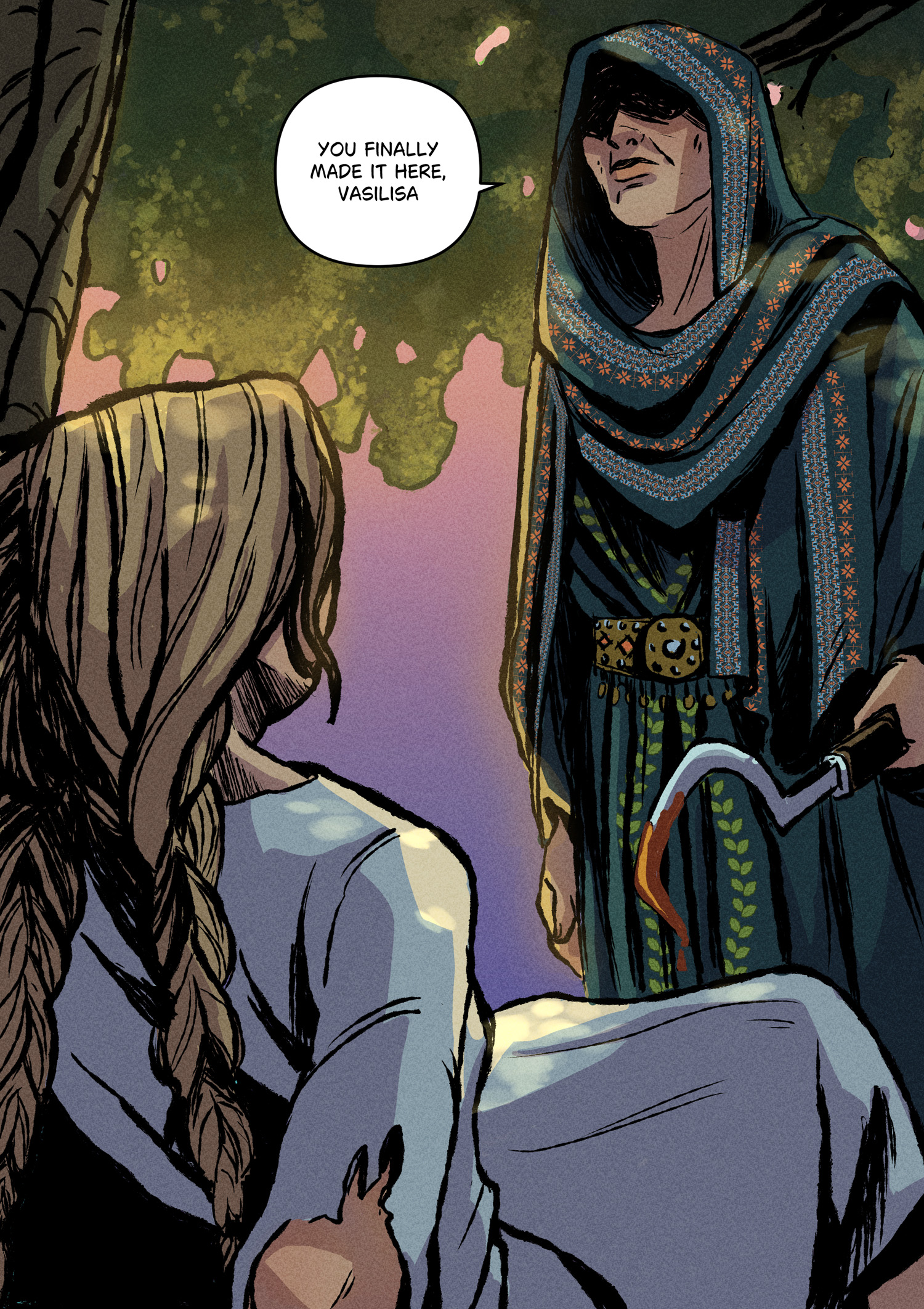 A figure looms over Vasilisa, wearing a heavily patterned cloak an a bloodied sickle. Vasilisa is fallen over on the ground.