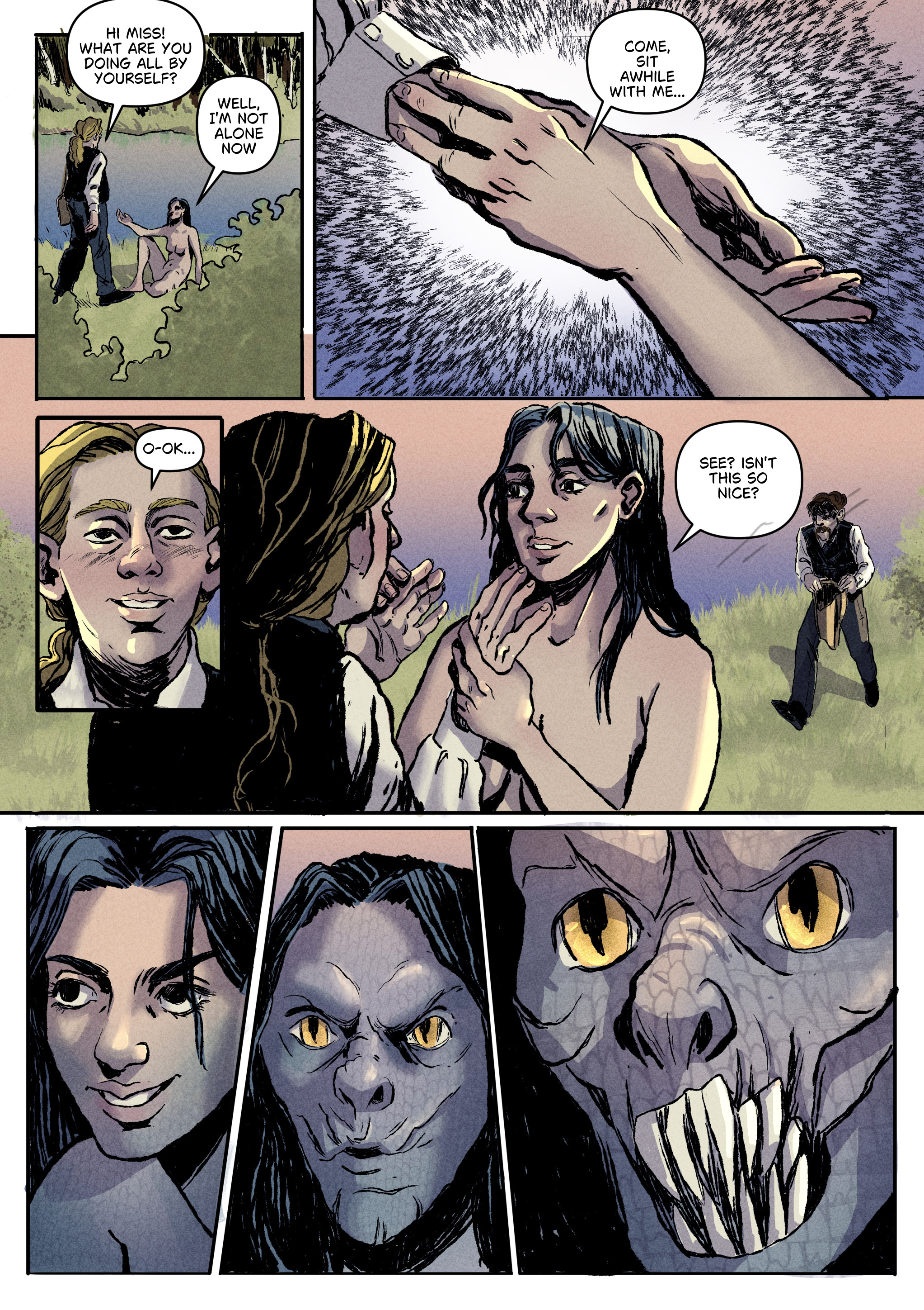 A young beautiful woman sits by a lake, inviting two men over.