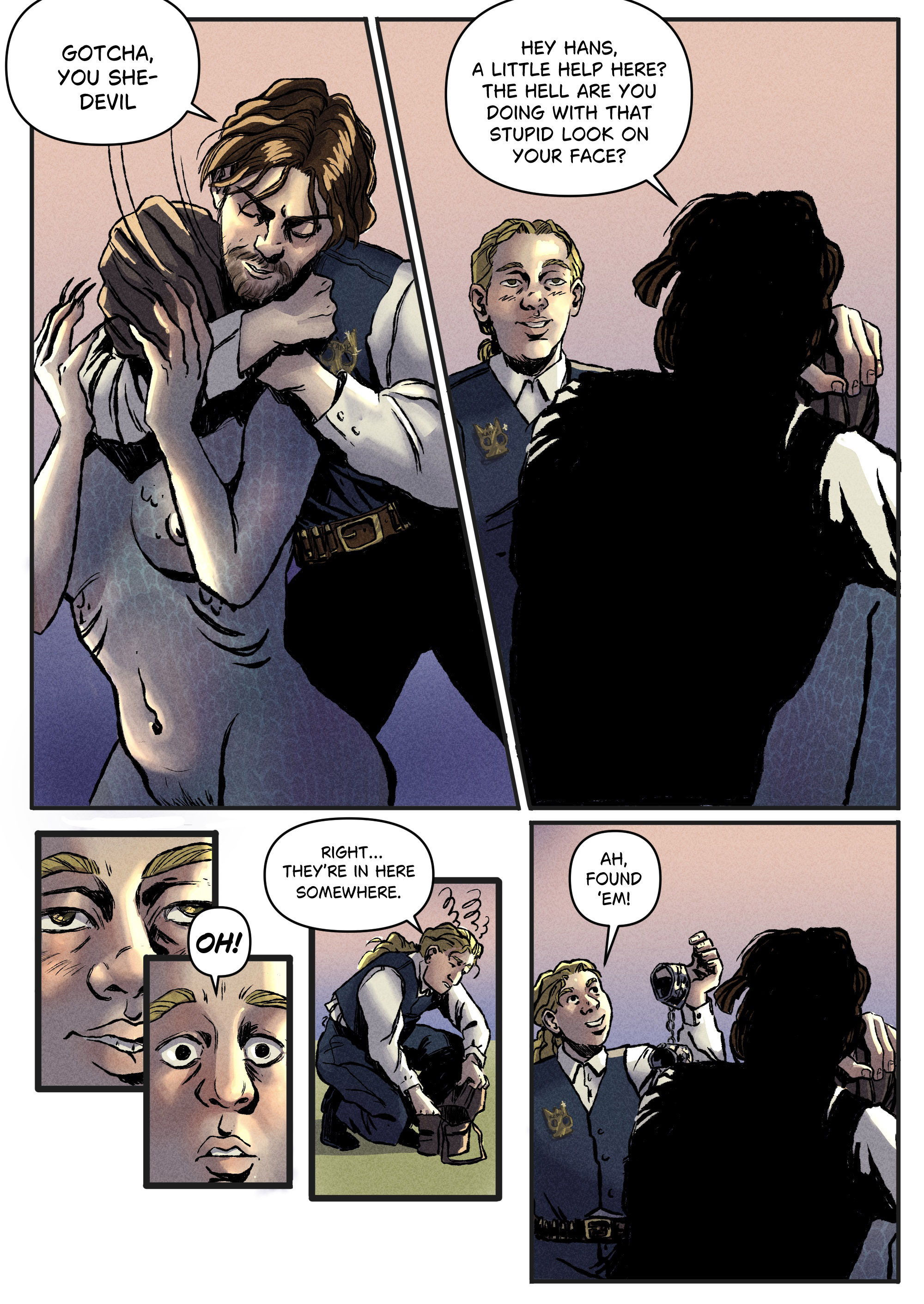 Two men wrestle a the female creature. The men wear a gold badge of some sort.