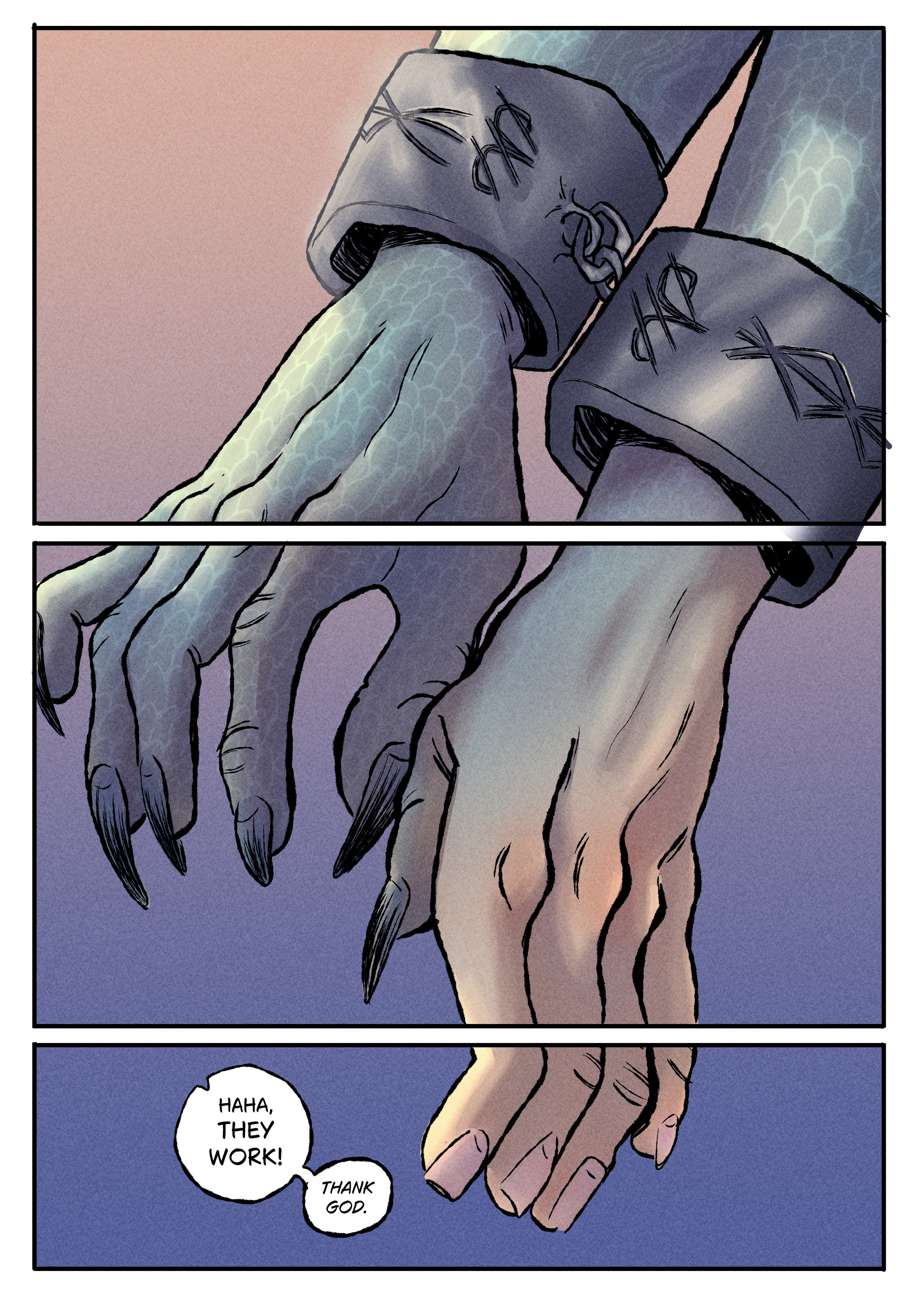 A creature's hands are shackled in iron cuffs with engravings. As time passes, her hands shift to more human form.