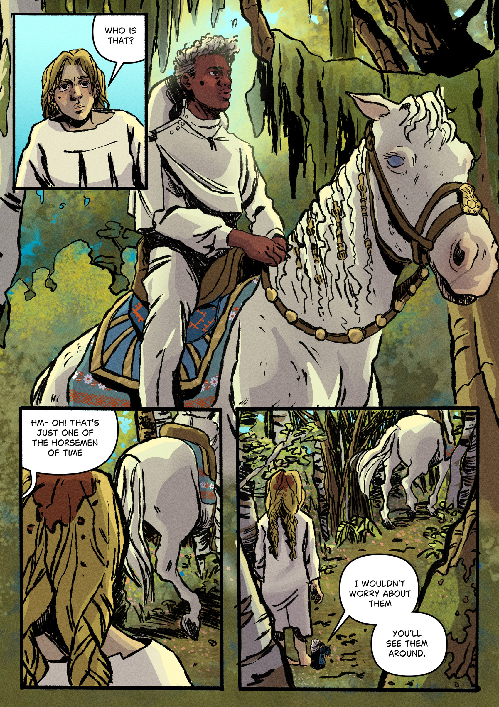 Vasilisa and Motanka encounter a man dressed in all white on a white horse as they go through the woods.