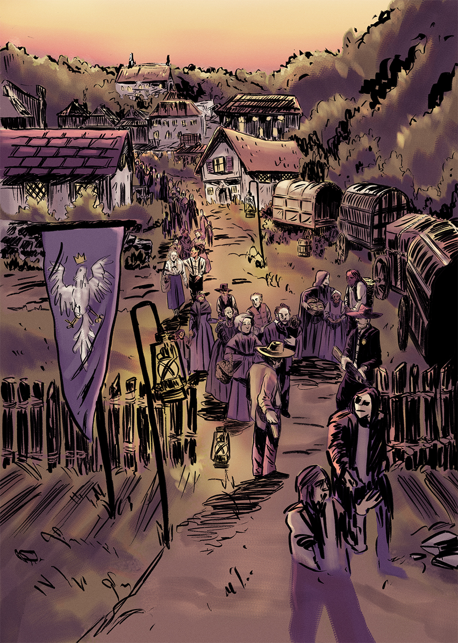 A line of people waiting to pass through an impromptu checkpoint.