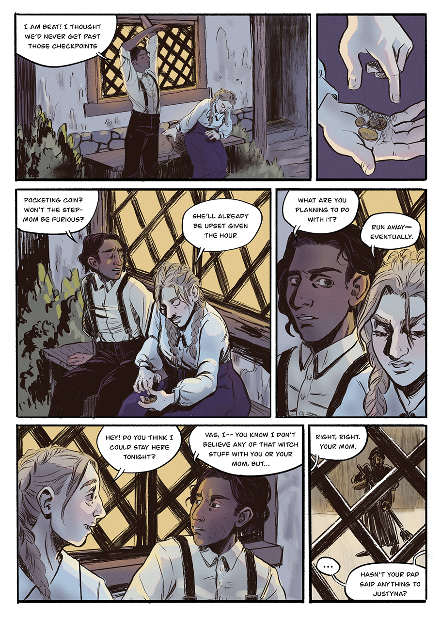 Vasilisa and Jakub talk outside his home at night.