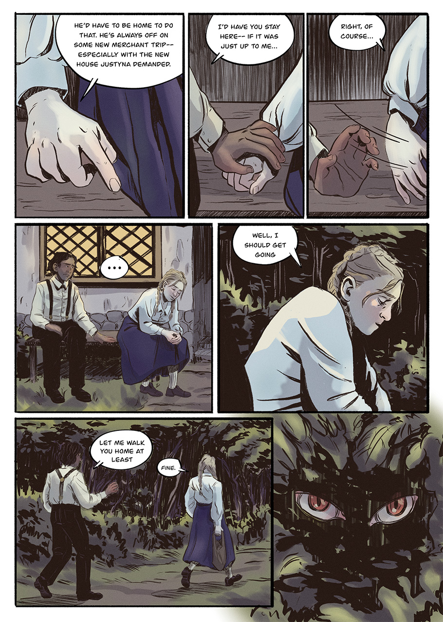 Vasilisa and Jakub talk outside his home at night.