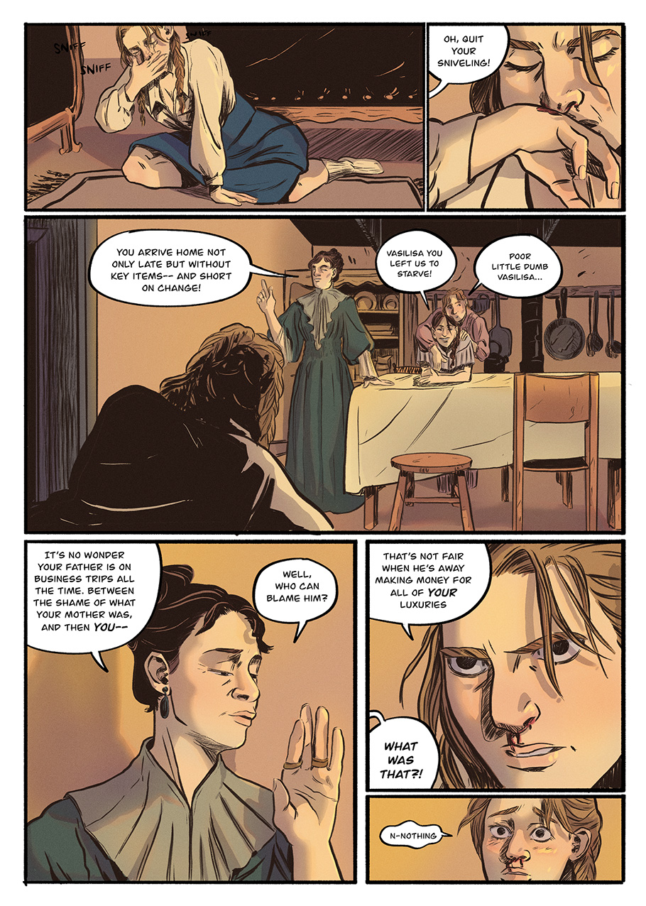 Vasilisa and her step-mother argue in their home.