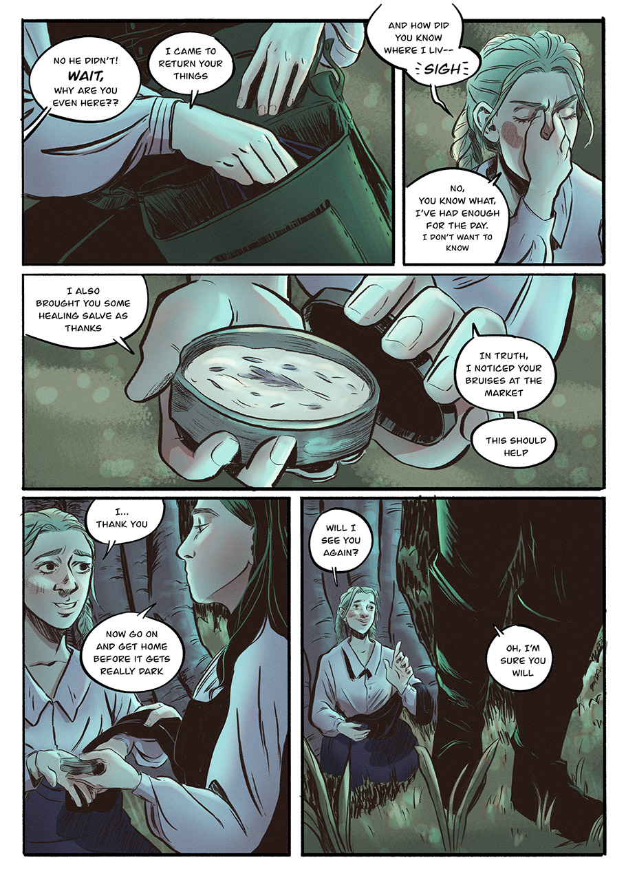 Aleks hands Vasilisa a healing salve before taking off for the night.